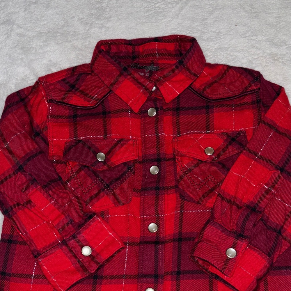 Wrangler Kids Red Plaid Button-Up Shirt Jacket - Classic Flannel Style - Picture 4 of 7